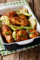 Hot chicken baked with fennel in a baking dish close-up. vertical