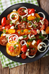Vitamin salad from multi-colored tomatoes, onions and blue cheese close-up. Vertical top view