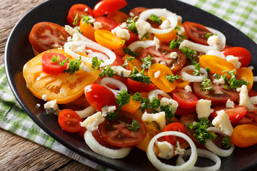 Salad of colorful tomatoes, onion and blue cheese close-up. horizontal