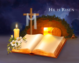He is Risen. Jesus's empty tomb. An open bible. - 151197384
