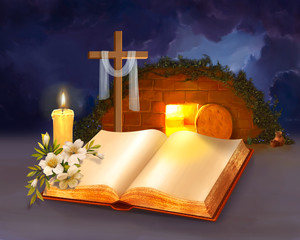 He is Risen. Jesus's empty tomb. An open bible. - 151197398