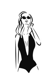 Beautiful girl in sexy swimsuit and glasses looking up at the sky. Hand drawn sketch illustration on white background