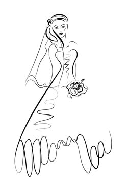 Beautiful bride in a wedding dress on white background, hand drawn sketch illustration