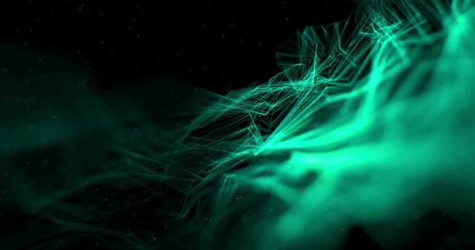 abstract stream wave array colorful glitter sparkle green lines with particles on black background technology concept