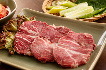 皿の上の韓国焼き肉　骨付き肉　生肉　