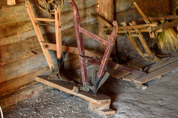 Ancient wooden plow for plowing the land.