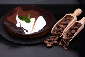 Delicious chocolate cake on dark background with cocoa beans
