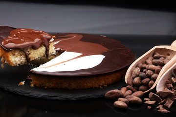 Delicious chocolate cake on dark background with cocoa beans