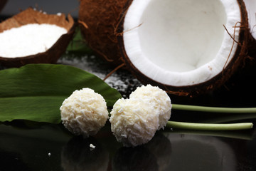 Coconut with leaves and coconut macaroons