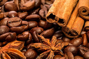 Coffee beans and cinnamon sticks.