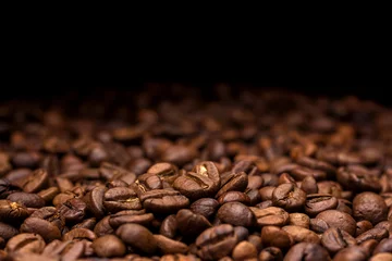 Poster Coffee beans. Dark background with copy space, close-up © xamtiw