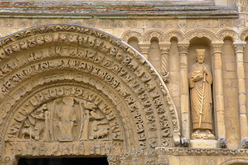 ROCHESTER, UK: Close-up on Rochester Cathedral facade and western entrance with carvings