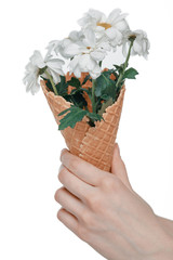 partial view of hand holding flowers bouquet in ice cream cone isolated on white