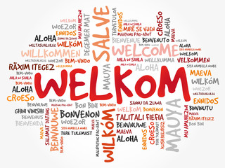Welkom (Welcome in Afrikaans) word cloud in different languages, conceptual background