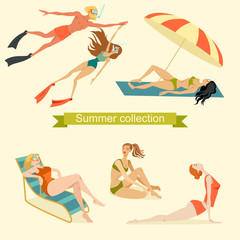 Set of isolated illustrations of people relaxing on the beach. Summer day enjoyment