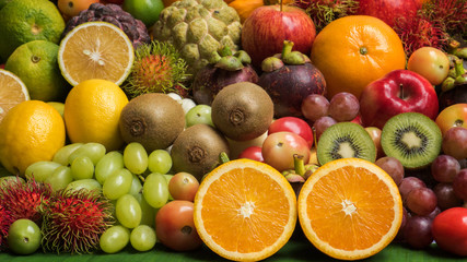 Naklejka na ściany i meble Arrangement tropical fruits for eating healthy, Mixed ripe fruits for dieting