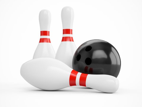 3D rendering bowling ball and pins over a white background