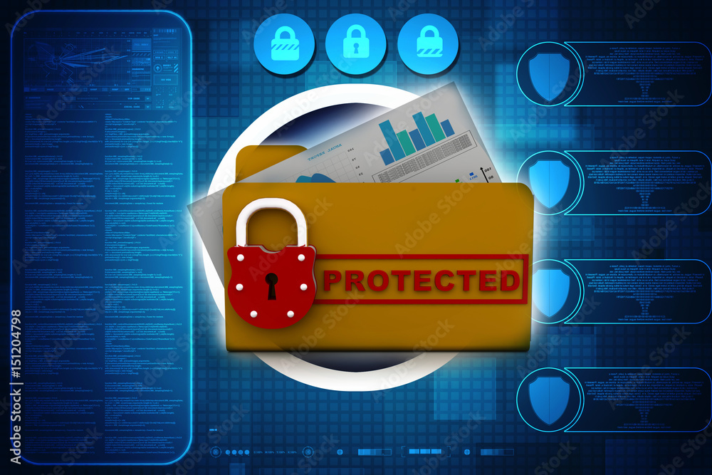 Poster yellow folder and lock. data security concept. 3d rendering