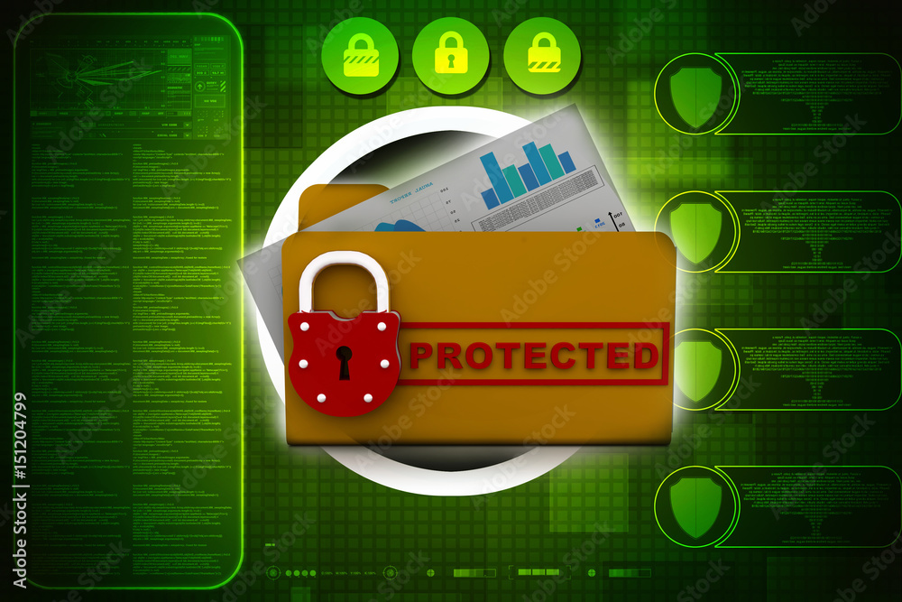 Poster yellow folder and lock. data security concept. 3d rendering