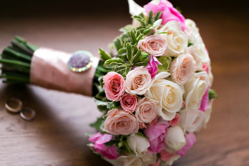 Wedding bouquet and rings. The concept of marriage and love. accessories marriage closeup