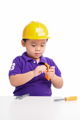 Little repairman in hardhat with repair tools