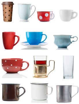 Set of cups, mugs and glasses isolated on white background