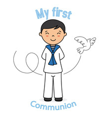 Invitation my first communion. Girl with dove.