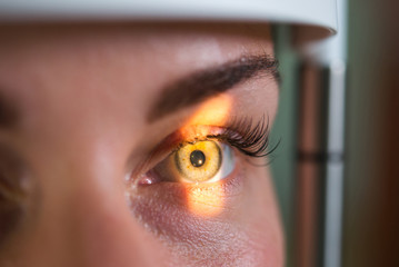 Research and scanning eye, close-up photos, retinal diagnostics in ophthalmology - obrazy, fototapety, plakaty