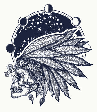 Native American indian feather headdress with human skull t-shirt design. Indian skull tattoo art. Warrior symbol