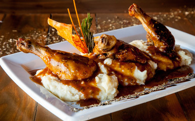 Chicken legs with barbeque sause and mashed potatoes