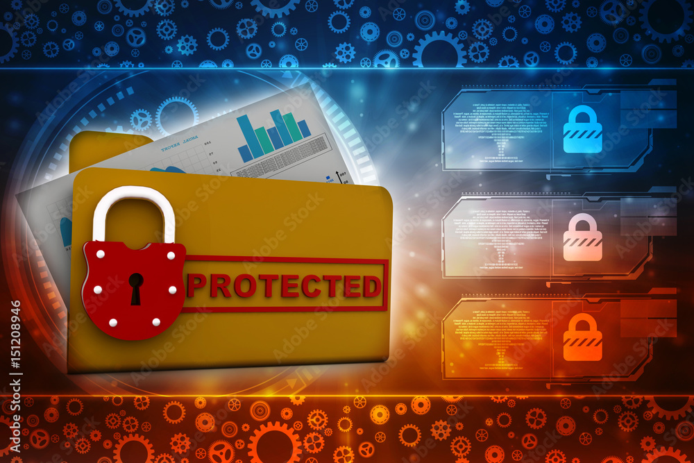 Poster yellow folder and lock. data security concept. 3d rendering