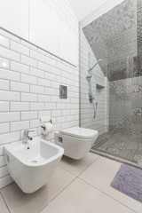 Naklejka na ściany i meble White bathroom with toilet and shower