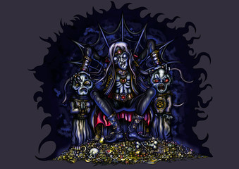 Dark ruler Vampire. Illustration fable prince of darkness. He sits on a throne by a gold pile with two servants acolytes
