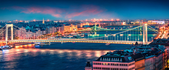 Panoramic cityscape of Pest city with Elisabeth Bridge on the Danube river.