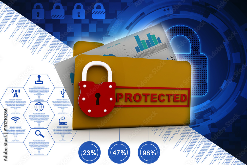 Poster yellow folder and lock. data security concept. 3d rendering