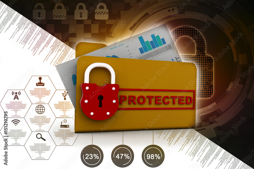 Poster yellow folder and lock. data security concept. 3d rendering