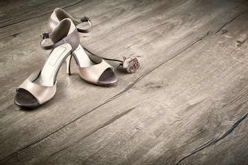 Argentine tango shoes with a rose on wooden floor, space - obrazy, fototapety, plakaty