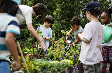 Teacher and kids school learning ecology gardening - Powered by Adobe
