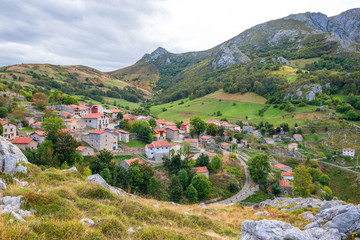 Fototapeta na wymiar The village Sotres in the Picos de Europa. Near the valley of river Duje, spanisch, Vale do Rio Duje, ist the small town a favourite destination for mountaineer, hiker and tourist 