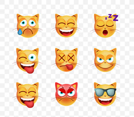 Set of Cute Emoticon Cat on Transparent Background. Isolated Vector Illustration 