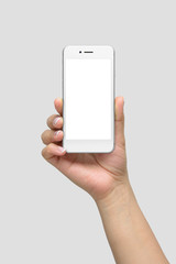 Mockup of female hand holding phone isolated on light grey background | App & UI Mockups 