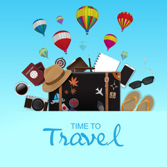 Travel Bag on Blue Background, Time To Travel, Vector