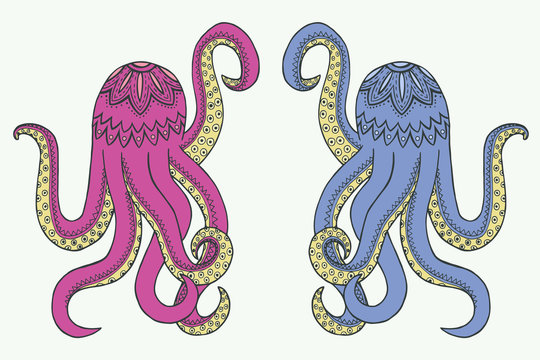 Two octopus Zen Tangle. A pair of boy and girl. Marine animals zentangle.