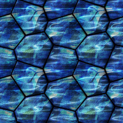 Seamless stone pattern with waves. Blue, turquoise and white pavement background with water surface and light reflections