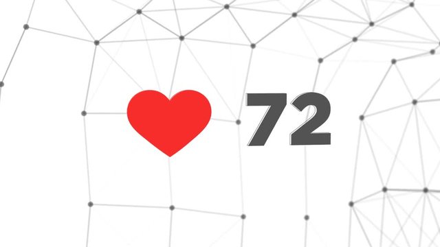 Animated counter of red hearts to 1000 likes in 3d space. Counting number to hit thousand with polygonal plexus network modern backround. 4k digital