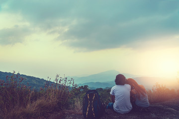 Natural background Couples lovers. The sun rises in the morning on the mountain.  thailand doi inthanon