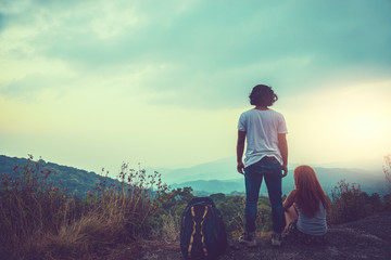 Natural background Couples lovers. The sun rises in the morning on the mountain.  thailand doi inthanon