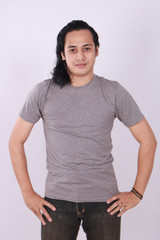 Front View Blank Grey T-Shirt on Asian Male Model