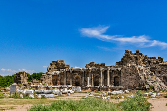 Ruins of an ancient library in Side, Antalya province, Turkey