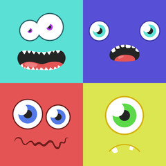 Fototapeta premium Set of cartoon monster faces with different expression of emotions. Bright emotional avatar collection. Kid theme. Vector illustration for any design
